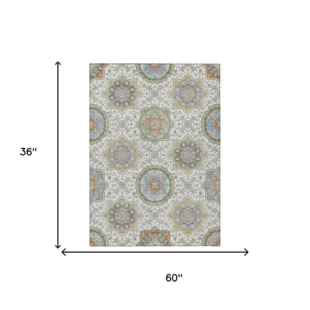 3' X 5' Ivory And Khaki Floral Medallion Washable Indoor Outdoor Area Rug HomeRoots