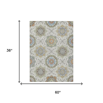 3' X 5' Ivory And Khaki Floral Medallion Washable Indoor Outdoor Area Rug HomeRoots