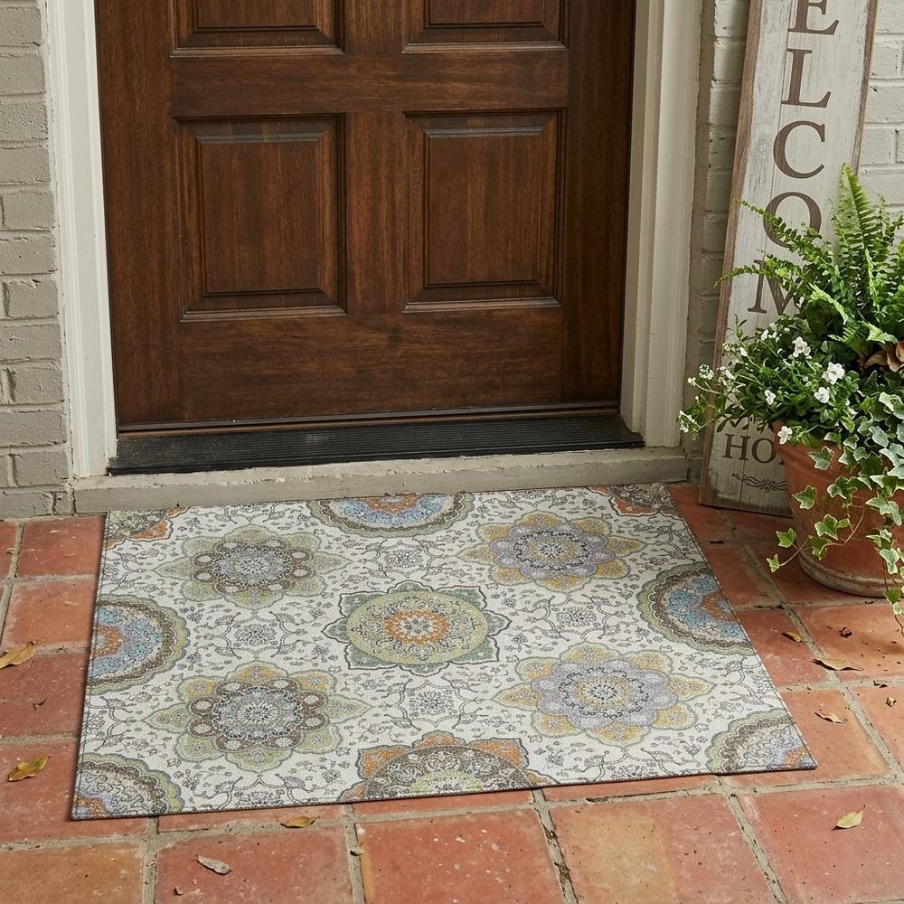 3' X 5' Ivory And Khaki Floral Medallion Washable Indoor Outdoor Area Rug HomeRoots