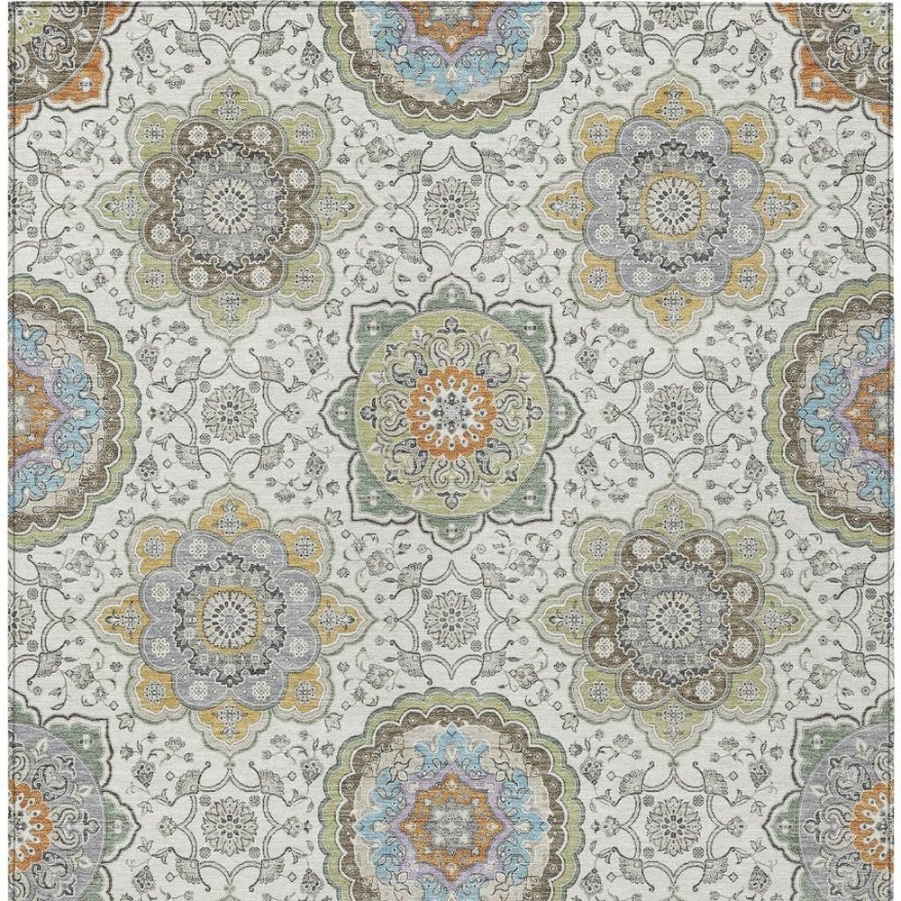 5' X 8' Ivory And Khaki Floral Medallion Washable Indoor Outdoor Area Rug HomeRoots