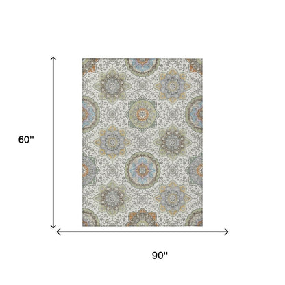 5' X 8' Ivory And Khaki Floral Medallion Washable Indoor Outdoor Area Rug HomeRoots