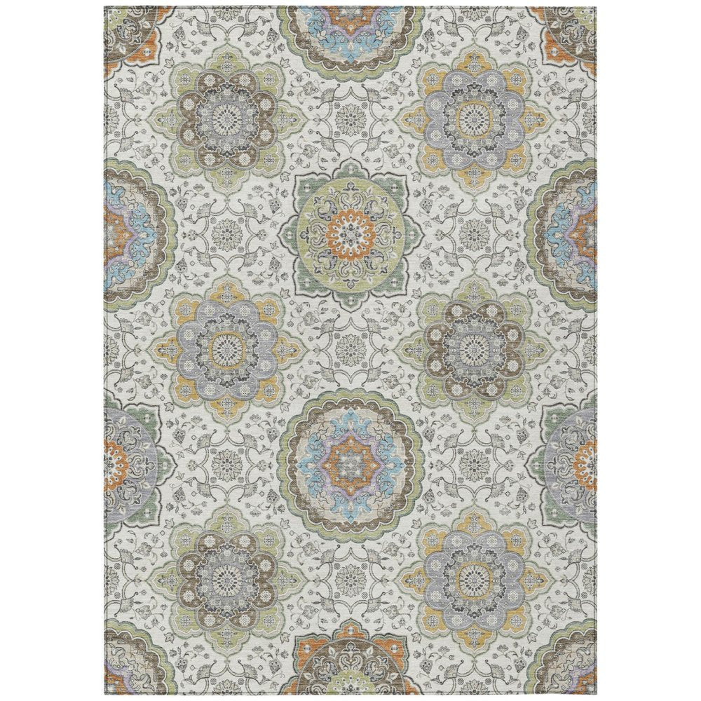 5' X 8' Ivory And Khaki Floral Medallion Washable Indoor Outdoor Area Rug HomeRoots