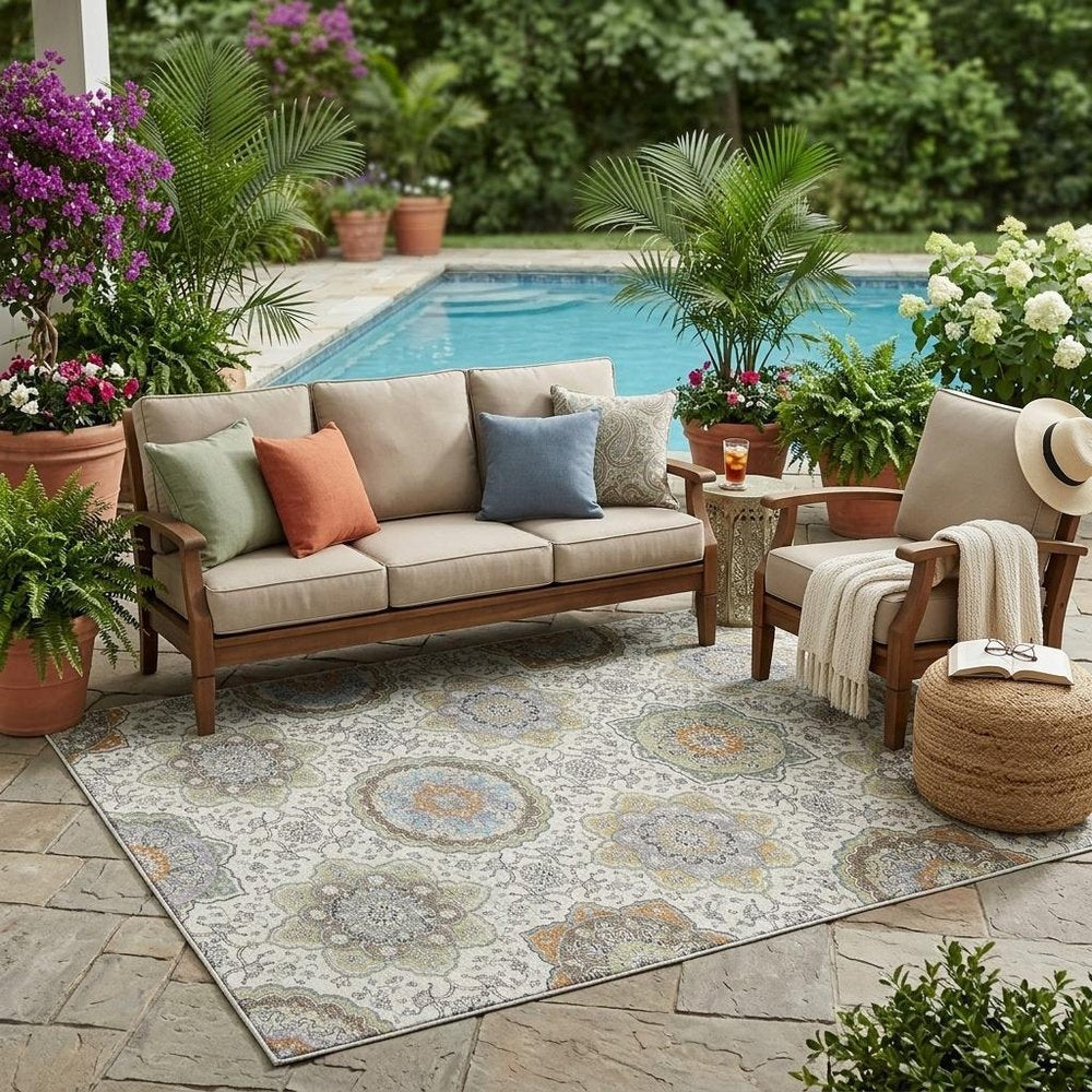 5' X 8' Ivory And Khaki Floral Medallion Washable Indoor Outdoor Area Rug HomeRoots