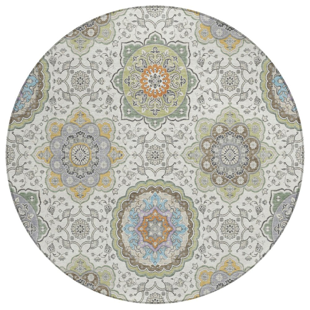 8' Ivory And Khaki Round Floral Medallion Washable Indoor Outdoor Area Rug HomeRoots