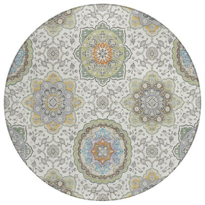 8' Ivory And Khaki Round Floral Medallion Washable Indoor Outdoor Area Rug HomeRoots