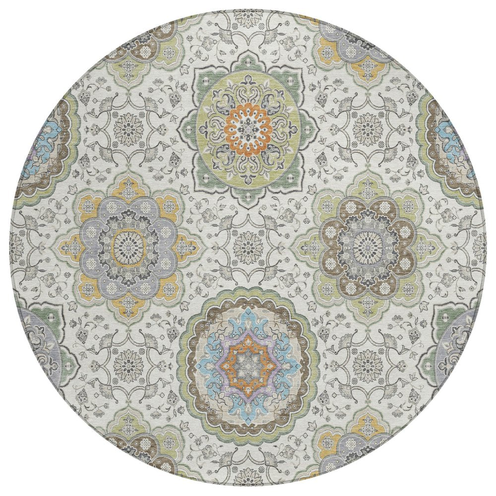 8' Ivory And Khaki Round Floral Medallion Washable Indoor Outdoor Area Rug HomeRoots