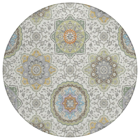 8' Ivory And Khaki Round Floral Medallion Washable Indoor Outdoor Area Rug HomeRoots