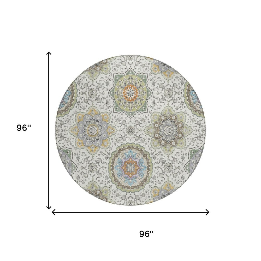 8' Ivory And Khaki Round Floral Medallion Washable Indoor Outdoor Area Rug HomeRoots
