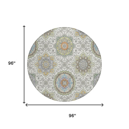 8' Ivory And Khaki Round Floral Medallion Washable Indoor Outdoor Area Rug HomeRoots
