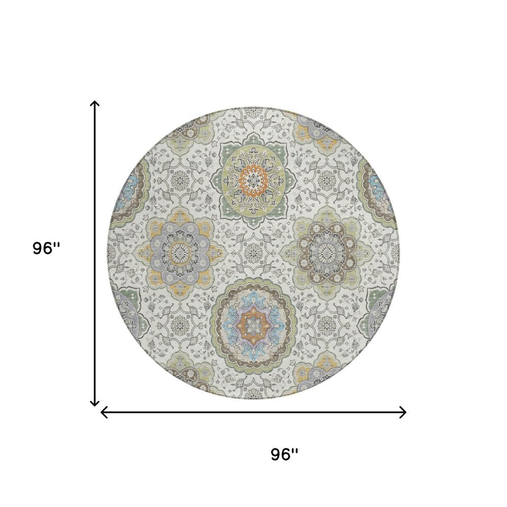 8' Ivory And Khaki Round Floral Medallion Washable Indoor Outdoor Area Rug HomeRoots