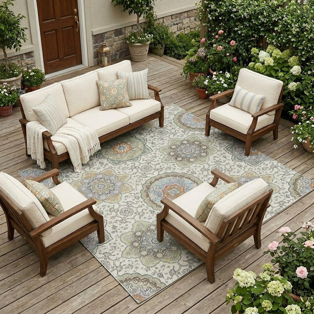 8' X 10' Ivory And Khaki Floral Medallion Washable Indoor Outdoor Area Rug HomeRoots