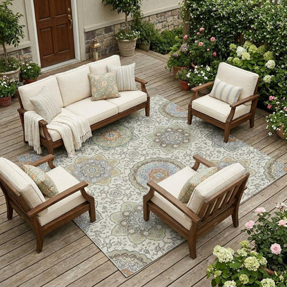 8' X 10' Ivory And Khaki Floral Medallion Washable Indoor Outdoor Area Rug HomeRoots