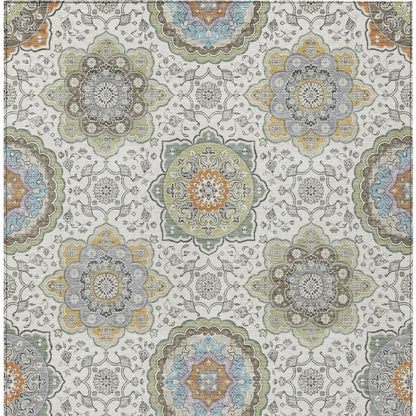 10' X 14' Ivory And Khaki Floral Medallion Washable Indoor Outdoor Area Rug HomeRoots