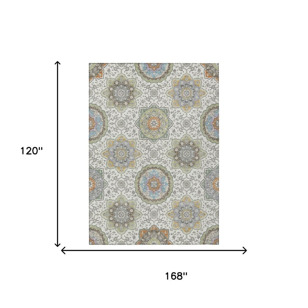 10' X 14' Ivory And Khaki Floral Medallion Washable Indoor Outdoor Area Rug HomeRoots