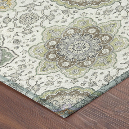 10' X 14' Ivory And Khaki Floral Medallion Washable Indoor Outdoor Area Rug HomeRoots