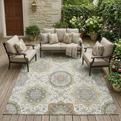 10' X 14' Ivory And Khaki Floral Medallion Washable Indoor Outdoor Area Rug HomeRoots