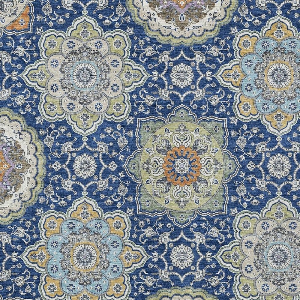 3' X 5' Navy Blue And Taupe Floral Medallion Washable Indoor Outdoor Area Rug HomeRoots