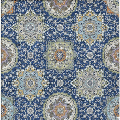 3' X 5' Navy Blue And Taupe Floral Medallion Washable Indoor Outdoor Area Rug HomeRoots