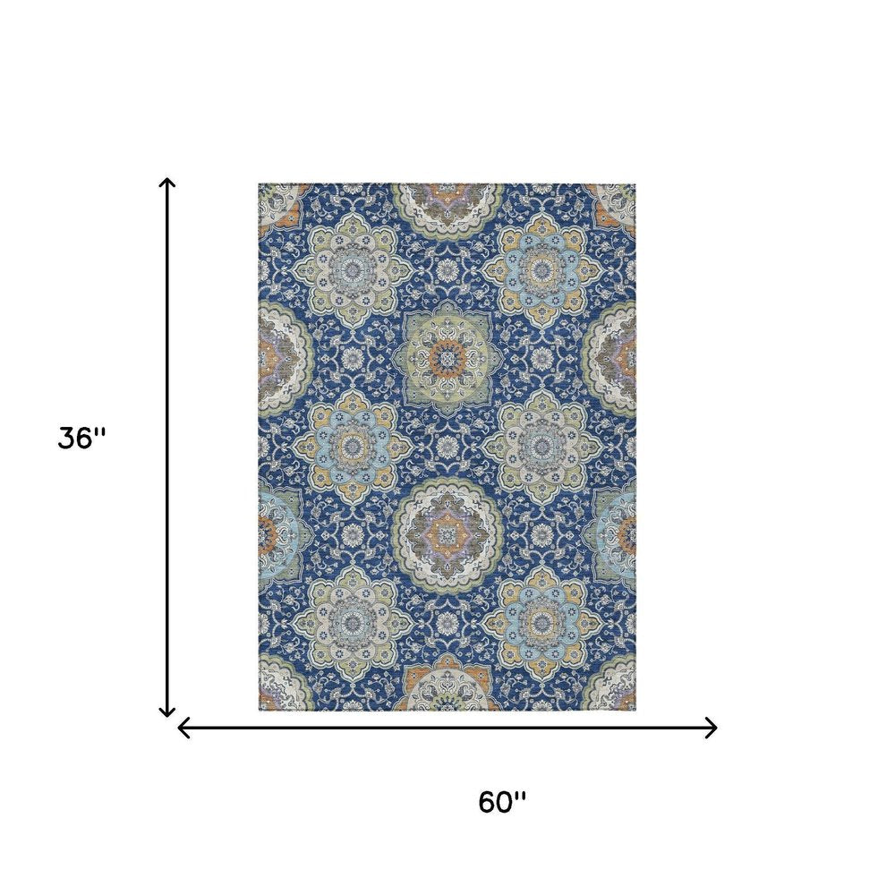 3' X 5' Navy Blue And Taupe Floral Medallion Washable Indoor Outdoor Area Rug HomeRoots