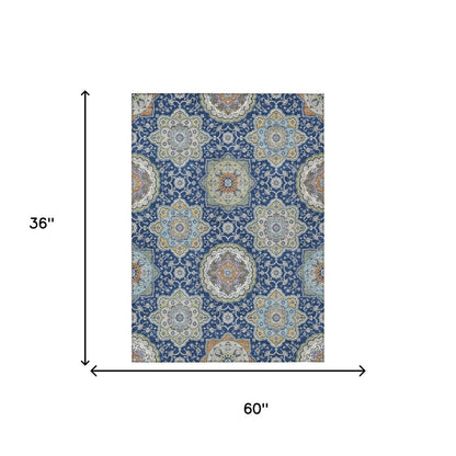 3' X 5' Navy Blue And Taupe Floral Medallion Washable Indoor Outdoor Area Rug HomeRoots