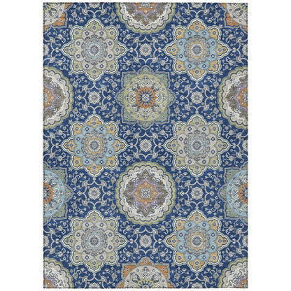 3' X 5' Navy Blue And Taupe Floral Medallion Washable Indoor Outdoor Area Rug HomeRoots