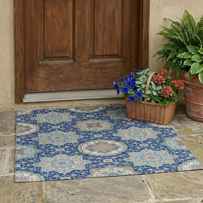 3' X 5' Navy Blue And Taupe Floral Medallion Washable Indoor Outdoor Area Rug HomeRoots