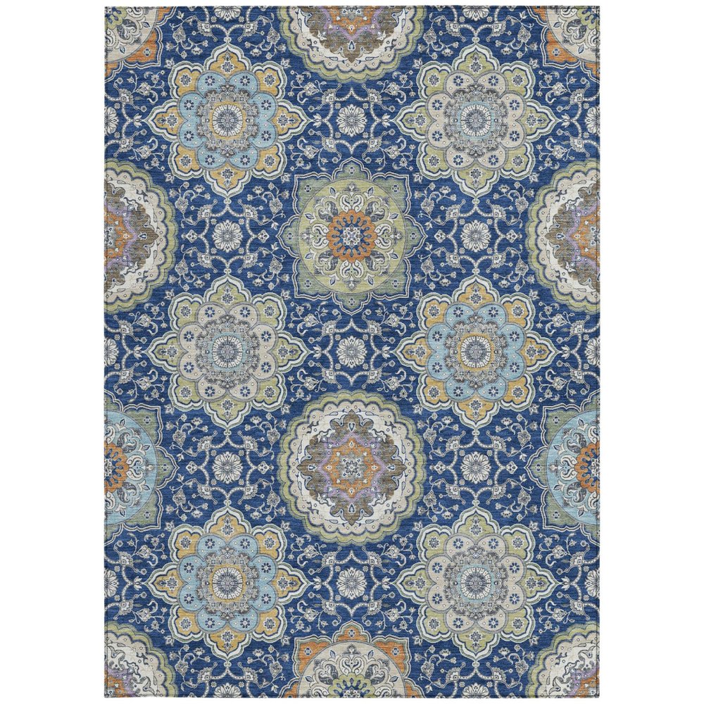 5' X 8' Navy Blue And Taupe Floral Medallion Washable Indoor Outdoor Area Rug HomeRoots