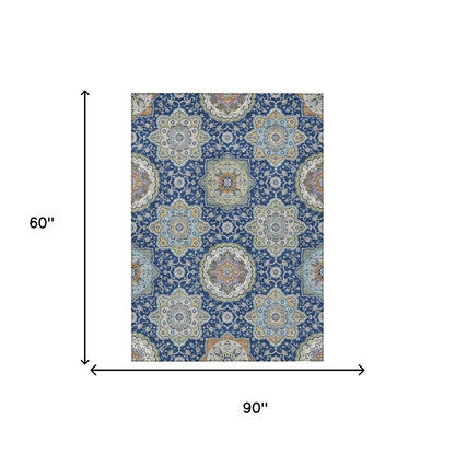 5' X 8' Navy Blue And Taupe Floral Medallion Washable Indoor Outdoor Area Rug HomeRoots