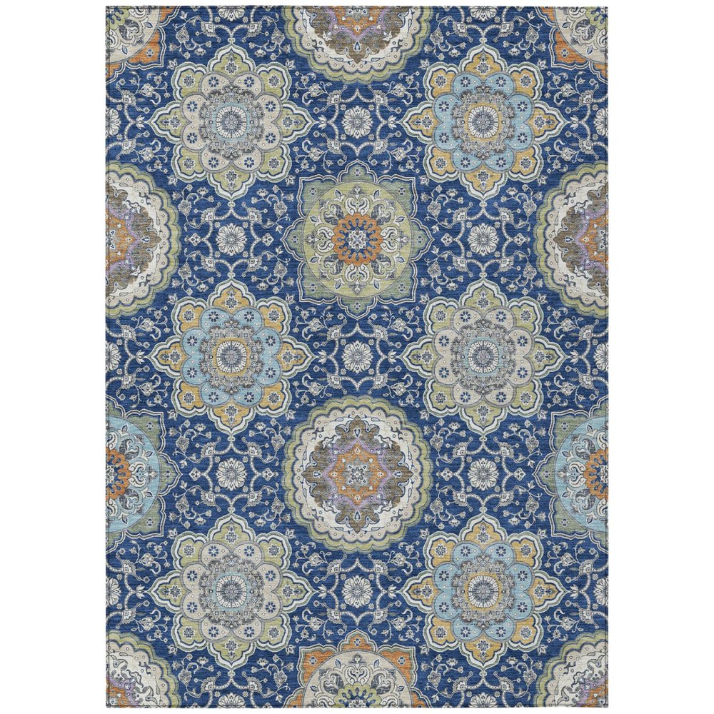 5' X 8' Navy Blue And Taupe Floral Medallion Washable Indoor Outdoor Area Rug HomeRoots