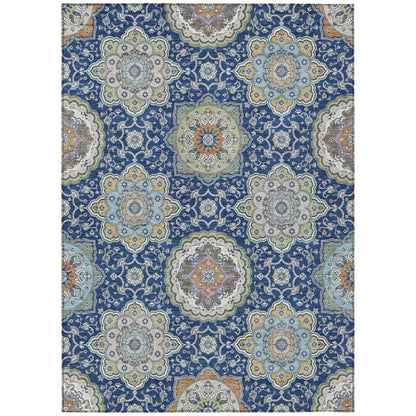 5' X 8' Navy Blue And Taupe Floral Medallion Washable Indoor Outdoor Area Rug HomeRoots