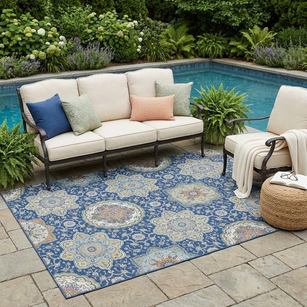 5' X 8' Navy Blue And Taupe Floral Medallion Washable Indoor Outdoor Area Rug HomeRoots