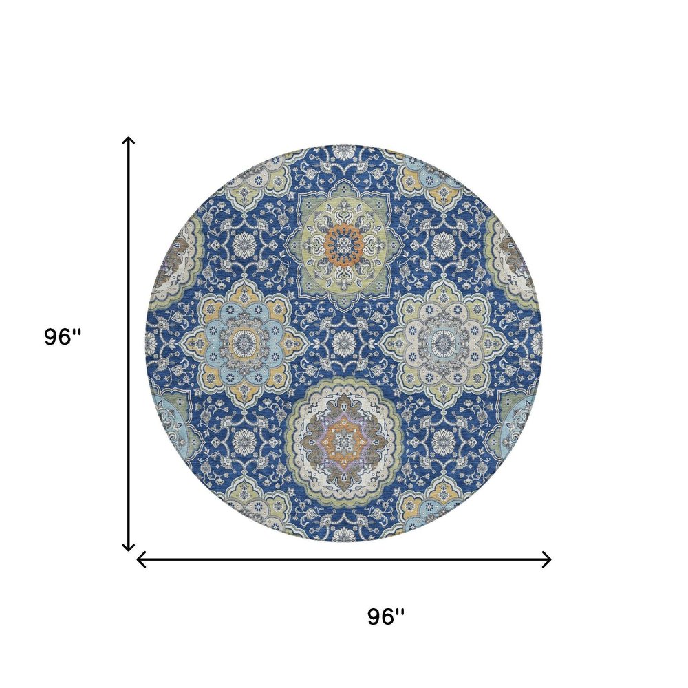 8' Navy Blue And Taupe Round Floral Medallion Washable Indoor Outdoor Area Rug HomeRoots