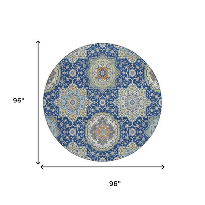 8' Navy Blue And Taupe Round Floral Medallion Washable Indoor Outdoor Area Rug HomeRoots