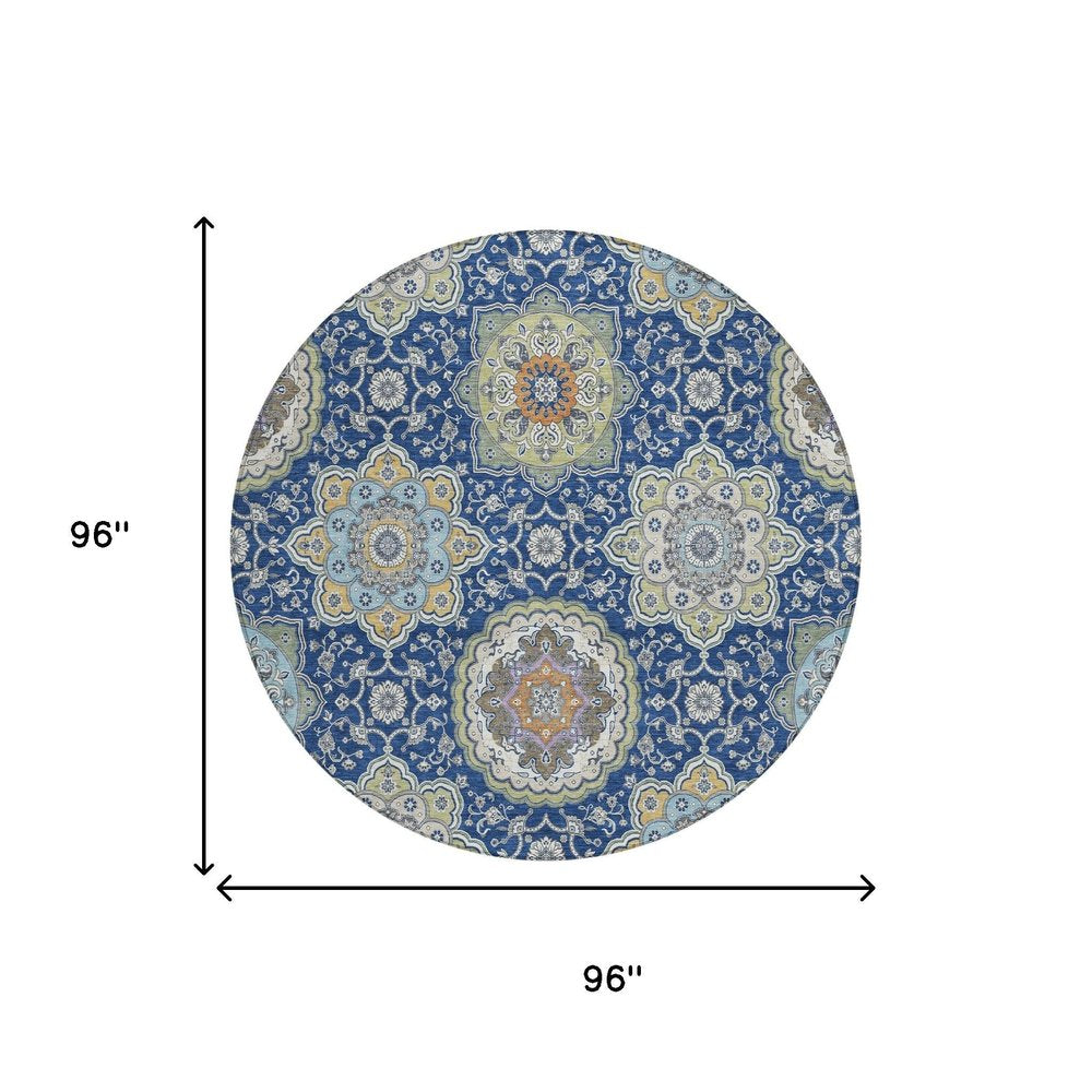 8' Navy Blue And Taupe Round Floral Medallion Washable Indoor Outdoor Area Rug HomeRoots