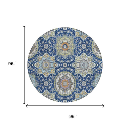 8' Navy Blue And Taupe Round Floral Medallion Washable Indoor Outdoor Area Rug HomeRoots