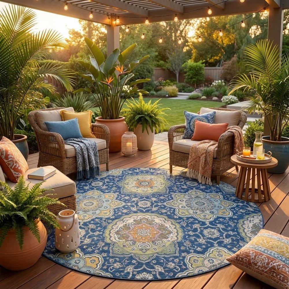 8' Navy Blue And Taupe Round Floral Medallion Washable Indoor Outdoor Area Rug HomeRoots