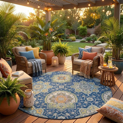8' Navy Blue And Taupe Round Floral Medallion Washable Indoor Outdoor Area Rug HomeRoots