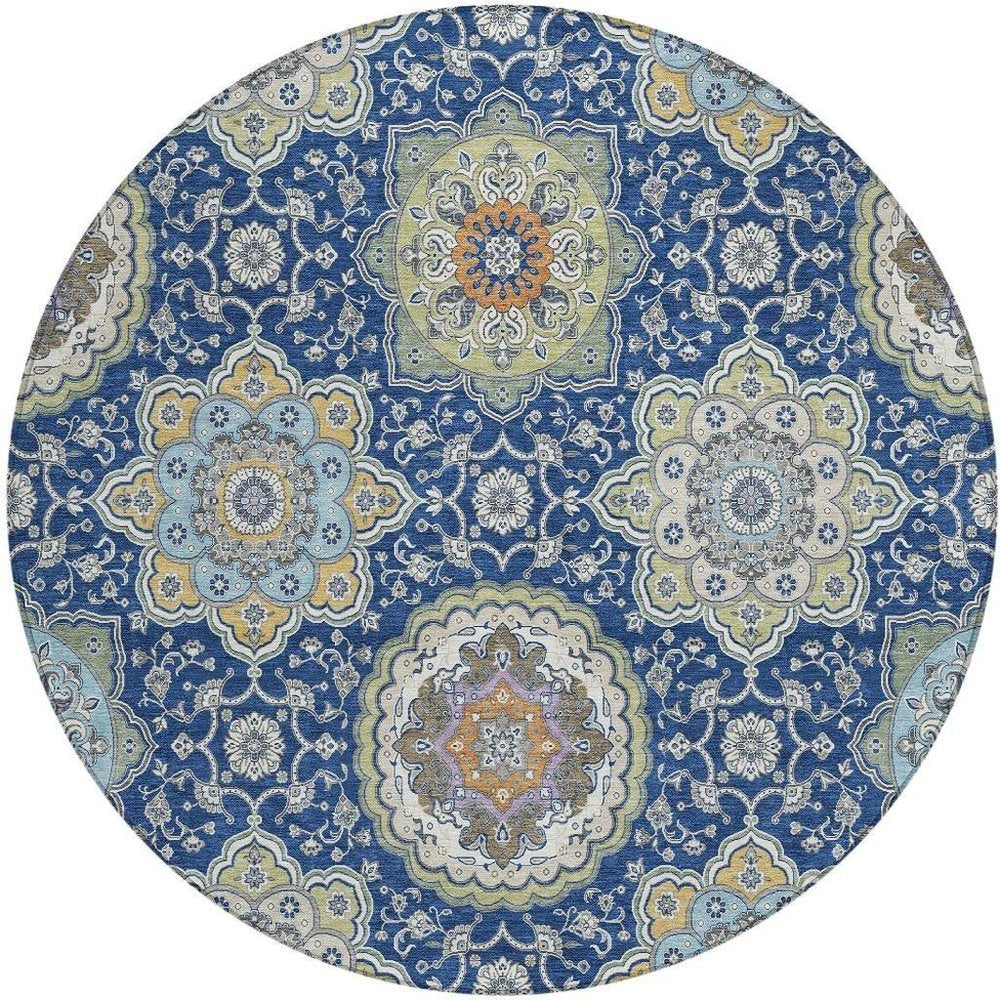 8' Navy Blue And Taupe Round Floral Medallion Washable Indoor Outdoor Area Rug HomeRoots