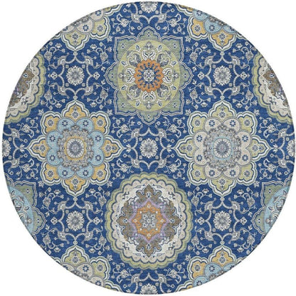 8' Navy Blue And Taupe Round Floral Medallion Washable Indoor Outdoor Area Rug HomeRoots