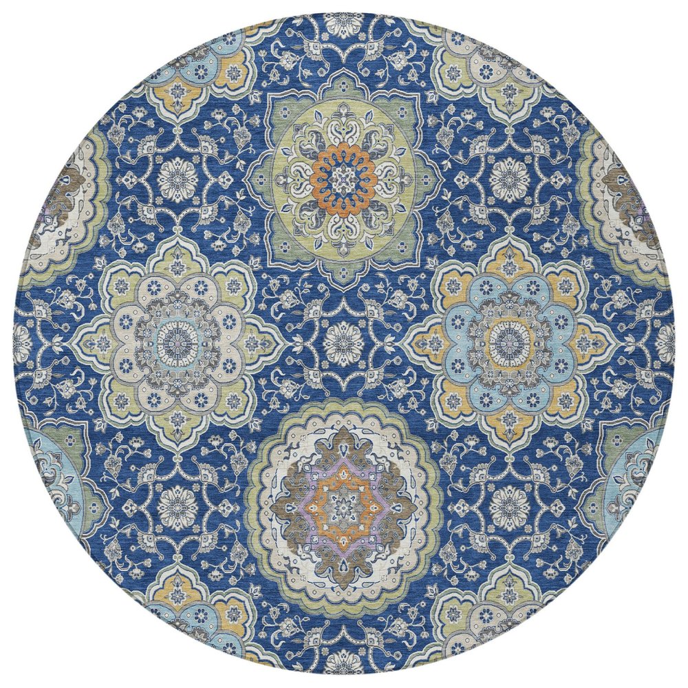 8' Navy Blue And Taupe Round Floral Medallion Washable Indoor Outdoor Area Rug HomeRoots