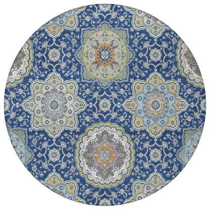 8' Navy Blue And Taupe Round Floral Medallion Washable Indoor Outdoor Area Rug HomeRoots