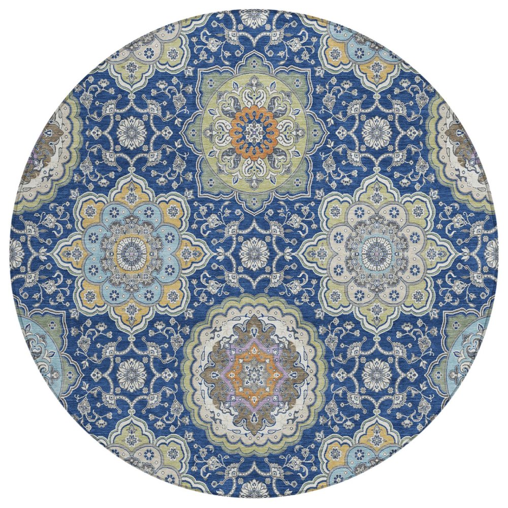 8' Navy Blue And Taupe Round Floral Medallion Washable Indoor Outdoor Area Rug HomeRoots
