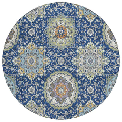 8' Navy Blue And Taupe Round Floral Medallion Washable Indoor Outdoor Area Rug HomeRoots