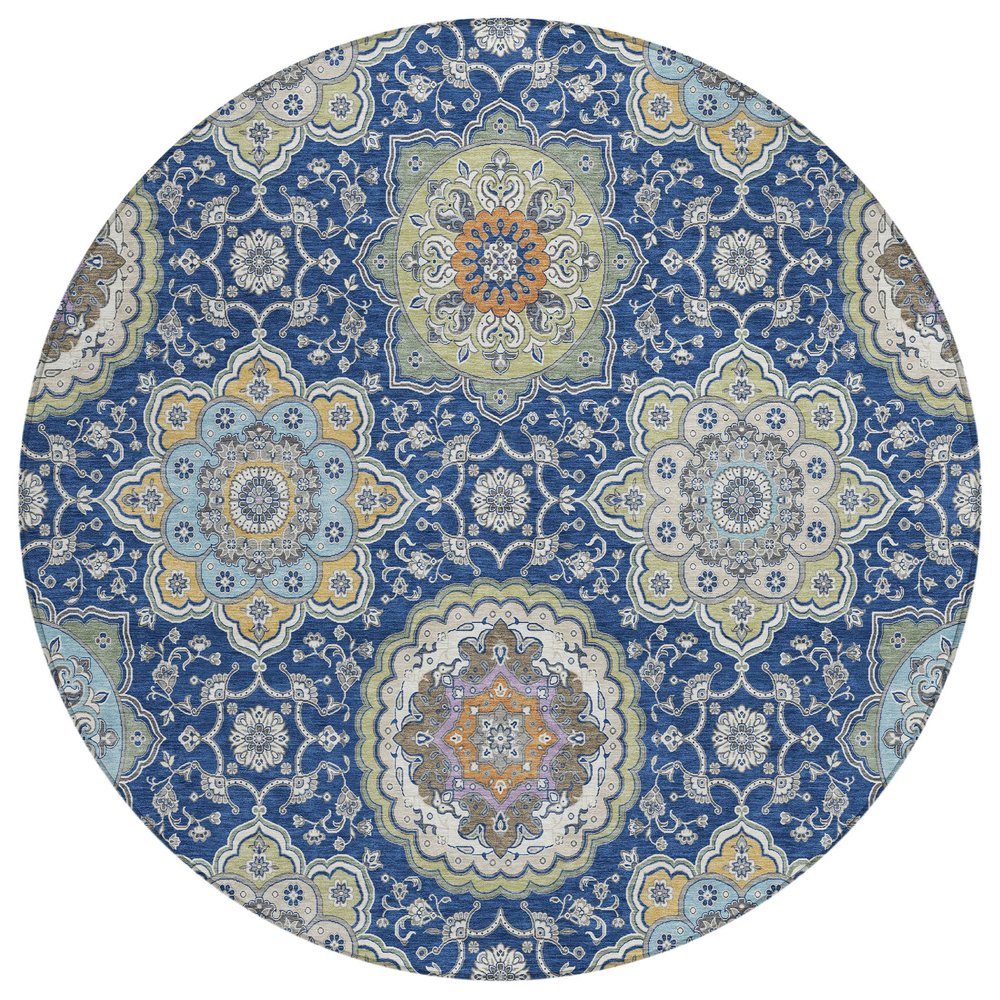 8' Navy Blue And Taupe Round Floral Medallion Washable Indoor Outdoor Area Rug HomeRoots