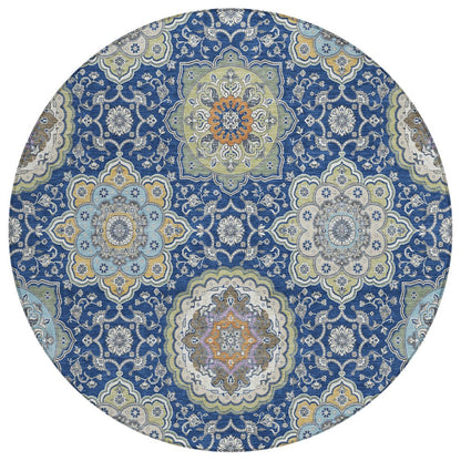 8' Navy Blue And Taupe Round Floral Medallion Washable Indoor Outdoor Area Rug HomeRoots