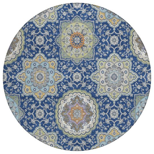 8' Navy Blue And Taupe Round Floral Medallion Washable Indoor Outdoor Area Rug HomeRoots
