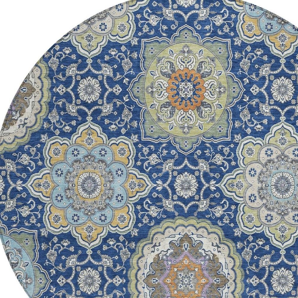 8' Navy Blue And Taupe Round Floral Medallion Washable Indoor Outdoor Area Rug HomeRoots