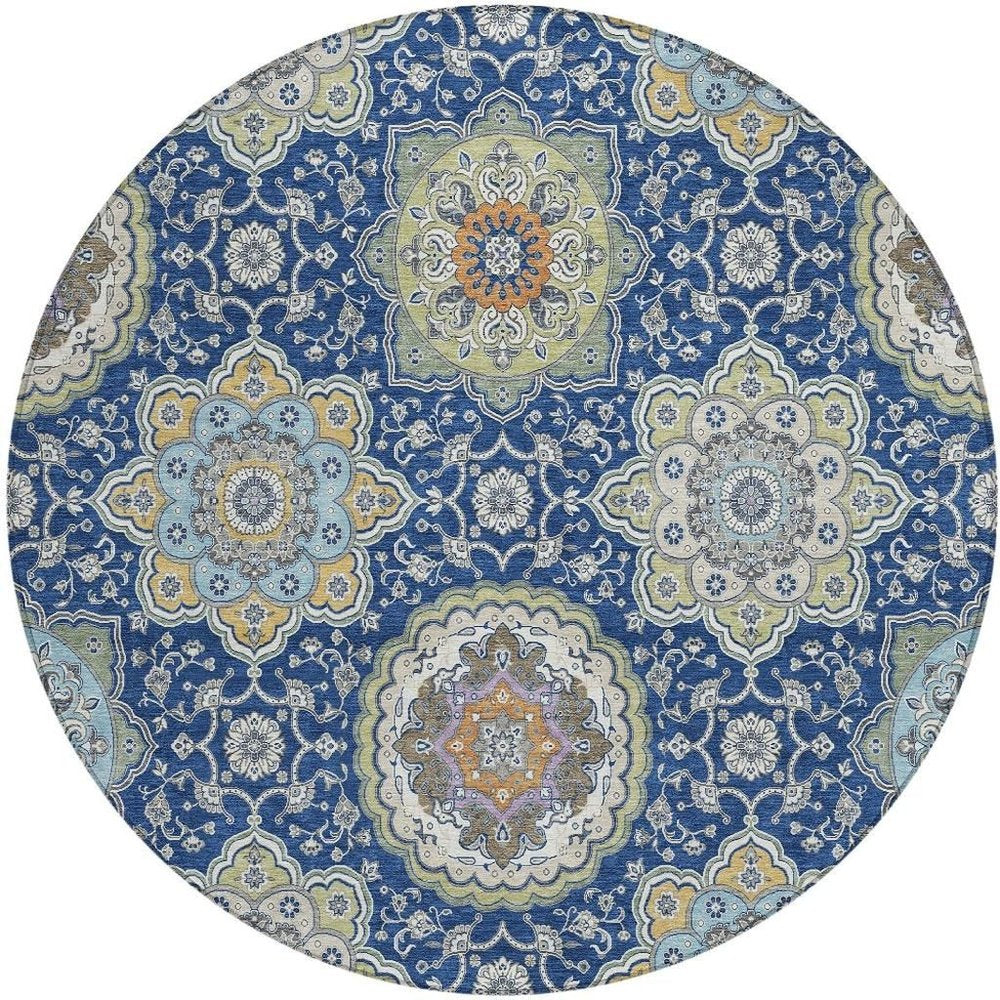 8' Navy Blue And Taupe Round Floral Medallion Washable Indoor Outdoor Area Rug HomeRoots