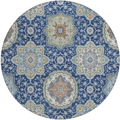 8' Navy Blue And Taupe Round Floral Medallion Washable Indoor Outdoor Area Rug HomeRoots
