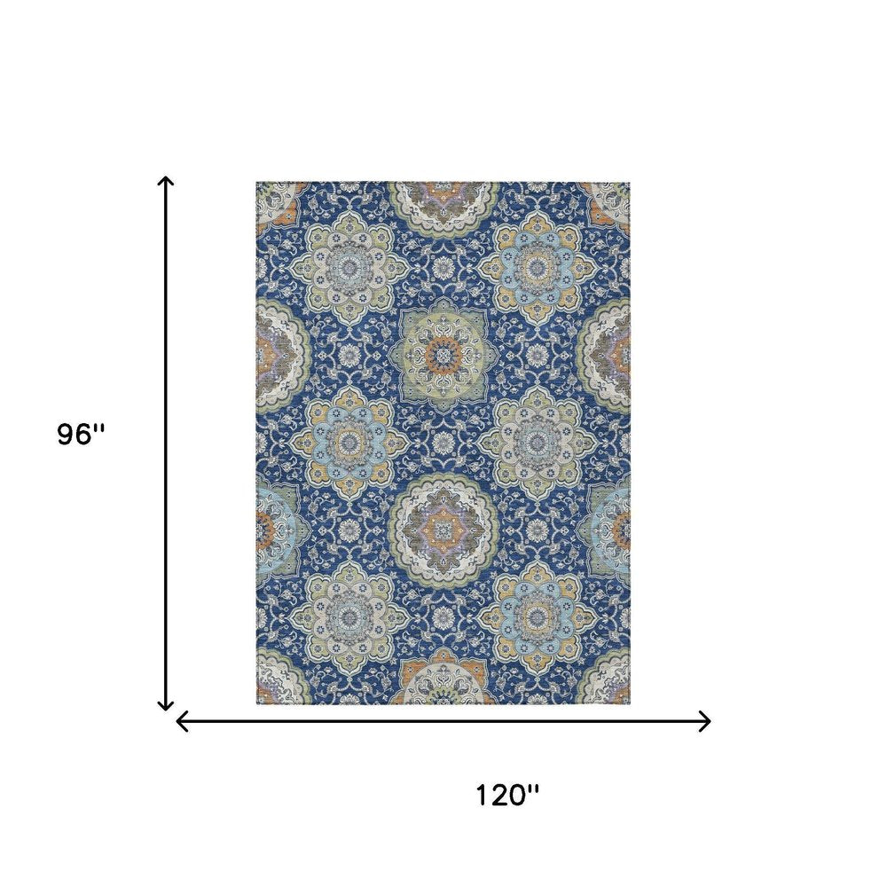 8' X 10' Navy Blue And Taupe Floral Medallion Washable Indoor Outdoor Area Rug HomeRoots